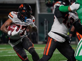 B.C. Lions receiver Seven McGee against the Saskatchewan Roughriders during the first half of CFL West Division Final in Regina on Nov. 8, 2025.
