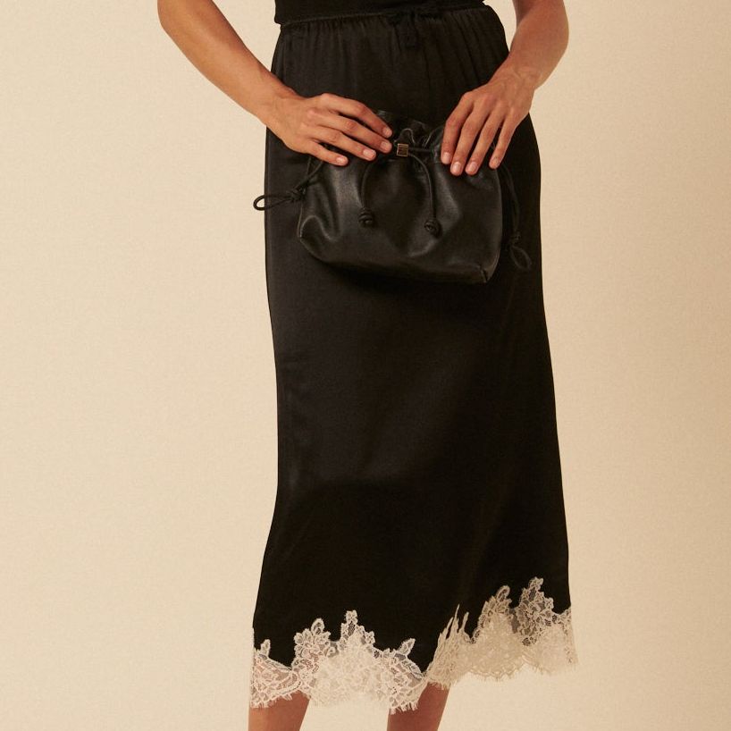 Black Lace Trim Satin Midi Skirt