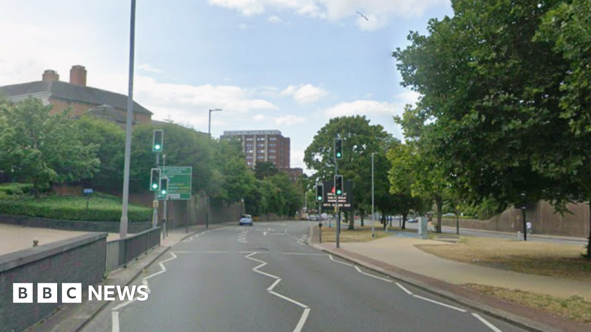 One side of a dual carriageway with two lanes and traffic lights. There are trees on the central reservation