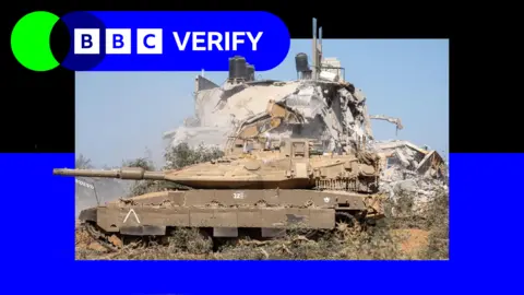 BBC An Israeli tank parked in front of a heavily damaged building in Gaza. The image is imposed over BBC Verify branding and colours. 