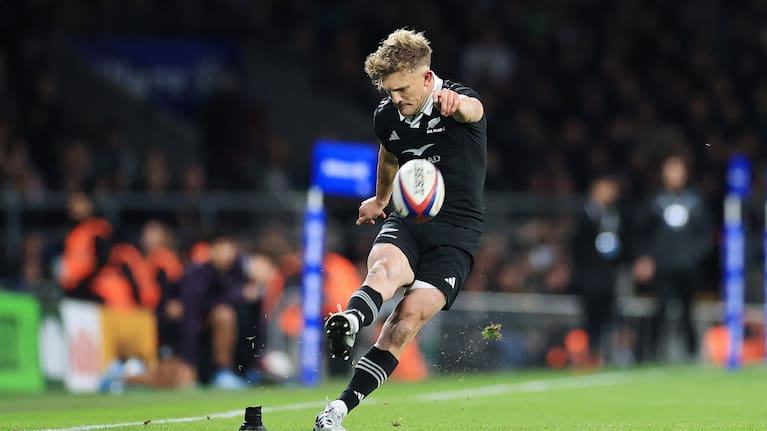 Damian McKenzie kicks what turned out to be the winning conversion for the All Blacks against England last November.