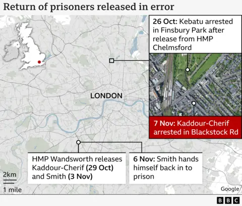 Map showing return of prisoners released in error.