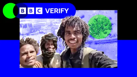 BBC Three RSF fighters smile to the camera as they stand in front of destroyed cars at a site near el-Fasher. They are imposed over a satellite image of the scene with the BBC Verify logo. 