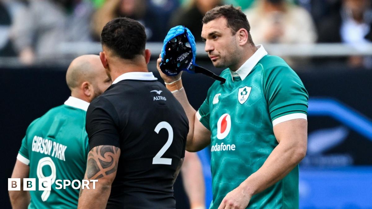 Ireland's Tadhg Beirne walks from the field after being shown a yellow card against the All Blacks in their Autumn Nations Series match