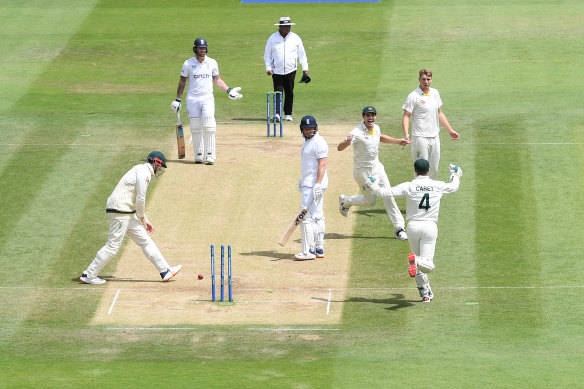 Jonny Bairstow is stumped by Alex Carey at Lord’s in 2023.