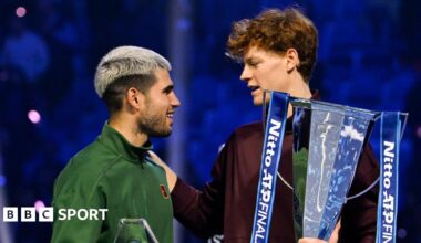 Carlos Alcaraz and Jannik Sinner embrace after their ATP Finals title match in Turin
