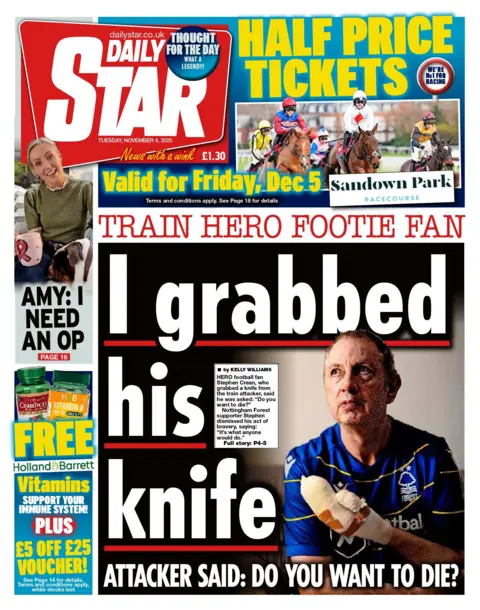 "Train hero footie fan: I grabbed his knife," reads the headline on the front page of the Daily Star 