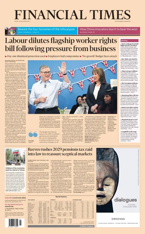 "Labour dilutes flagship worker rights bill following pressure from business," reads the headline on the front page of the Financial Times.