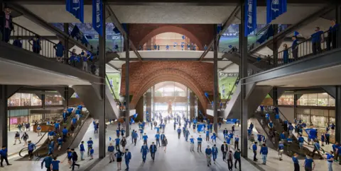 Birmingham City The south entrance to the stadium is shown as light and bright with a central archway and stairs serving more levels on the left and right side. People can be seen walking around on all levels with some in what looks like shops further to the left and right.
