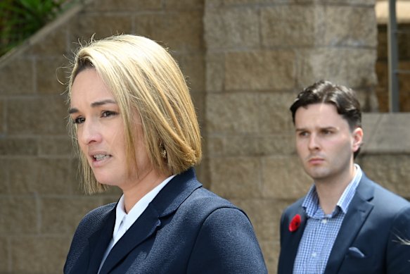 Bruhn’s lawyer Anna Balmer speaking to media next to co-accused Patrick Sinnott.