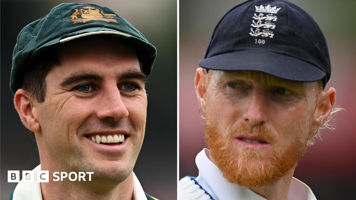 A graphic of England captain Ben Stokes (left), Australia captain Pat Cummins (centre) and England batter Joe Root (right)