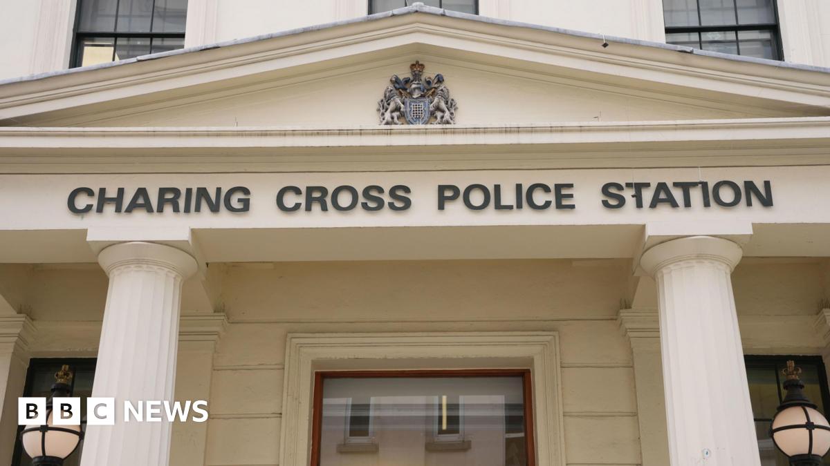Black Charing Cross police station sign below a coat  of arms and two white pillars and lights