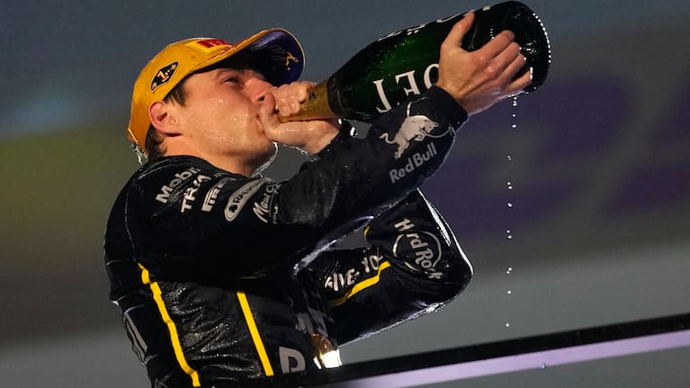 First place finisher Red Bull driver Max Verstappen of the Netherlands celebrates after the Formula One Las Vegas Grand Prix auto race.