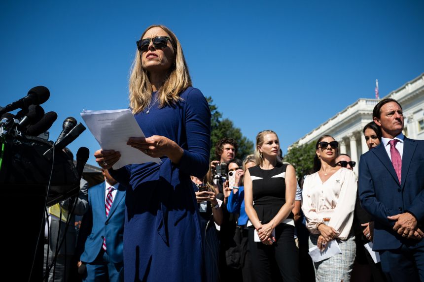 Annie Farmer, a survivor of deceased financier Jeffrey Epstein's sex trafficking ring, speaks during a news conference outside the US Capitol on September 3.