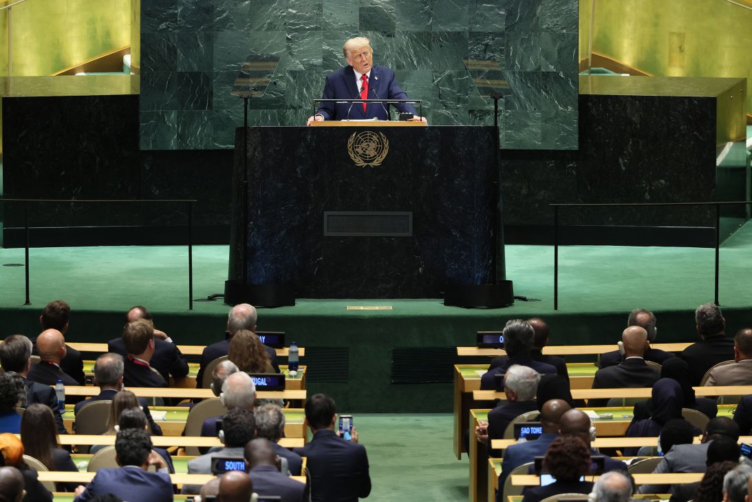President Donald Trump at the United Nations General Assembly on September 23, 2025 in New York City, making a speech during which he called climate change a con.