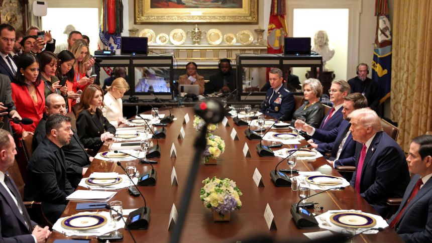 US President Donald Trump meets with Ukrainian President Volodymyr Zelensky (L) in the Cabinet Room of the White House in Washington, DC, on October 17, 2025.