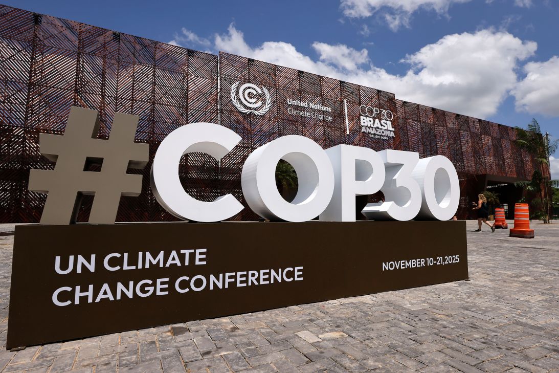 The COP30 logo in Belém, Brazil, ahead of the summit on November 3, 2025.