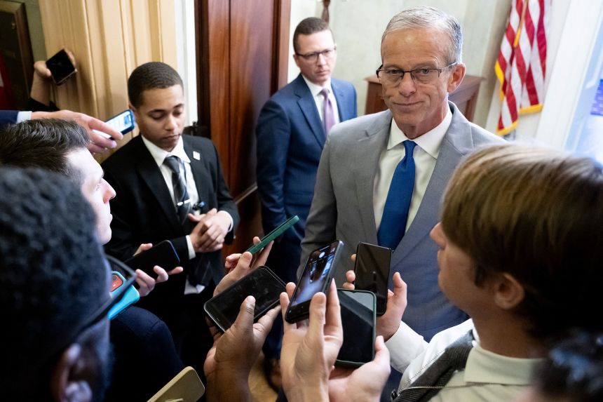 Senate Majority Leader John Thune speaks to reporters at the US Capitol on November 6.