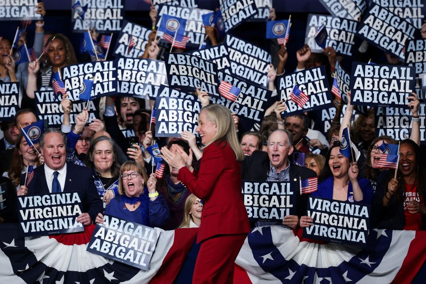 Virginia Governor-elect Abigail Spanberger arrives on stage to speak at her election night watch party in Richmond on Tuesday night.