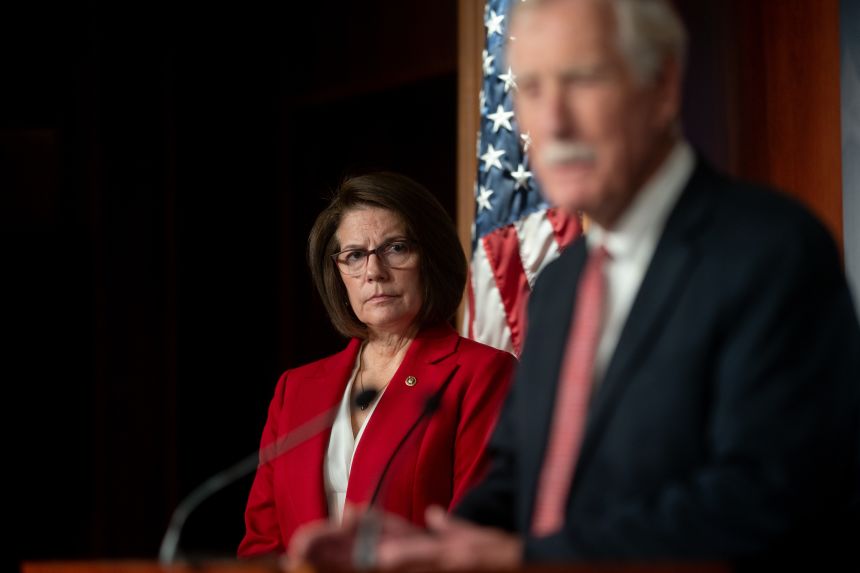 Senator Catherine Cortez Masto, a Democrat from Nevada, left, and Senator Angus King, an Independent from Maine, at a news conference during a vote at the US Capitol in Washington DC, on November 9, 2025.