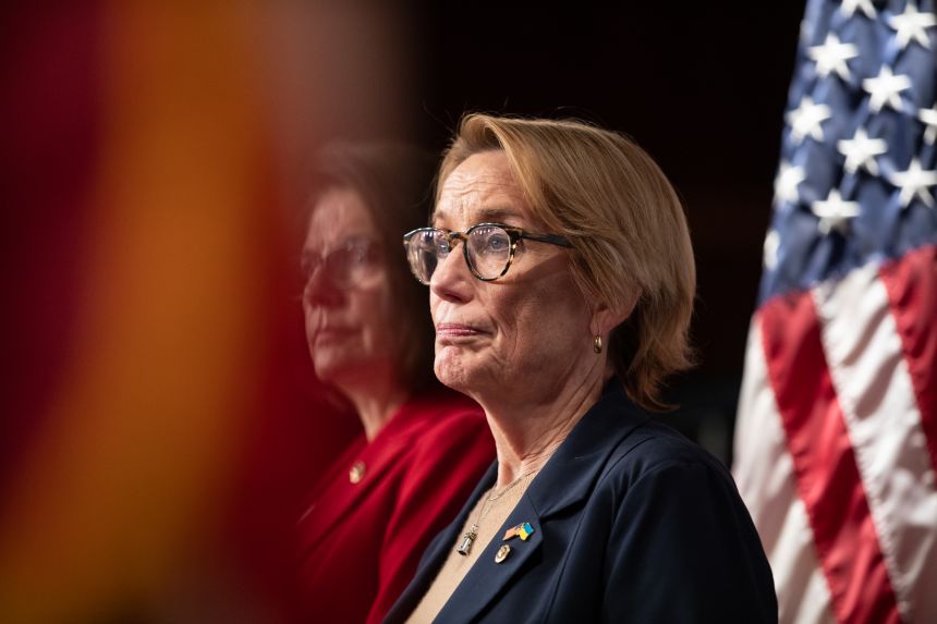 Maggie Hassan is seen during a press conference following a vote on Capitol Hill in Washington DC, on November 9, 2025.
