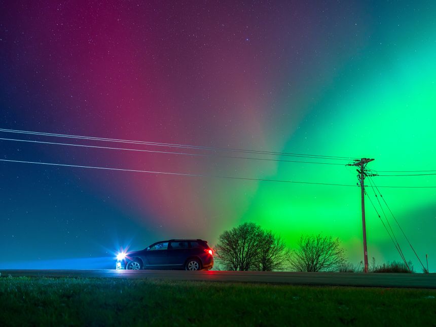 The aurora borealis lights up the night sky over Monroe, Wisconsin, on Tuesday.