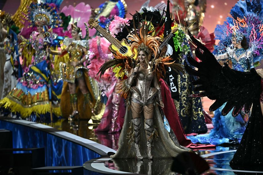 Miss Spain Andrea Valero walks on stage with other contestants during the 2025 Miss Universe national costume presentation in Nonthaburi, north of Bangkok, on November 19, 2025.