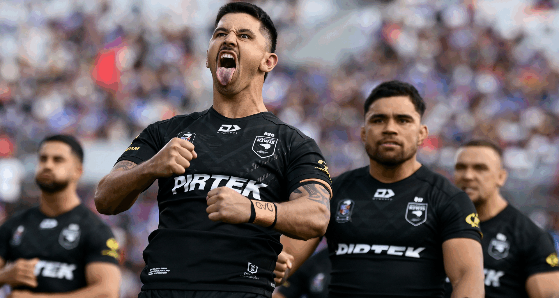 Jeremy Marshall-King of the Kiwis peforms the haka ahead of the Men's Pacific Championships match between New Zealand Kiwis and Toa Samoa at Go Media Stadium on October 19, 2025 in Auckland, New Zealand.