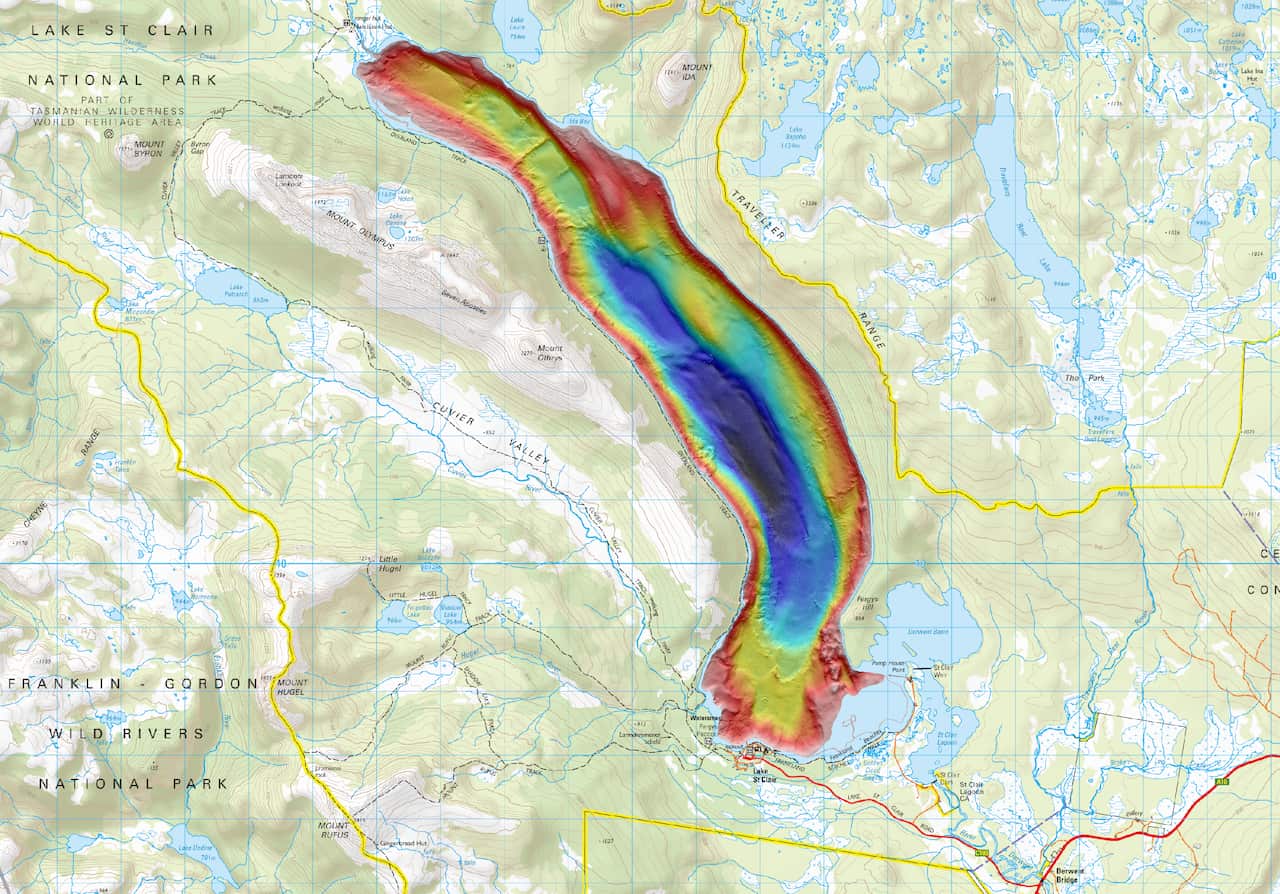 Topographical map of central Tasmania overlaid with high resolution mapping of Lake St Clair