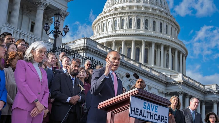 House Minority Leader Hakeem Jeffries, D-N.Y., and fellow Democrats speak on the health care funding fight on the steps of the House before votes to end the government shutdown, at the Capitol in Washington.