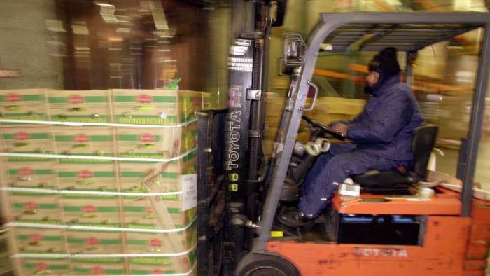 Larry Harris drives a forklift carrying boxes of bananas from Ecuador at the Los Angeles Regional Food Bank.