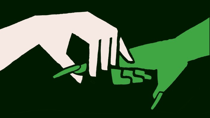 Illustration of a flesh-coloured hand holding on to one finger of a green hand with very long nails