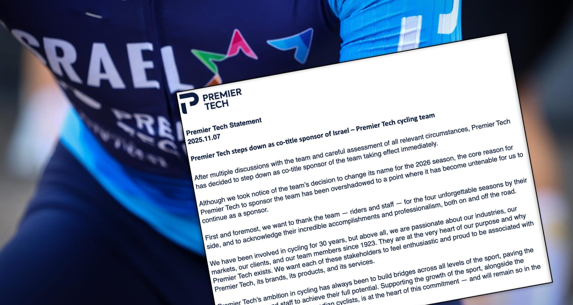 Premier Tech drops sponsorship of Israel-Premier Tech team