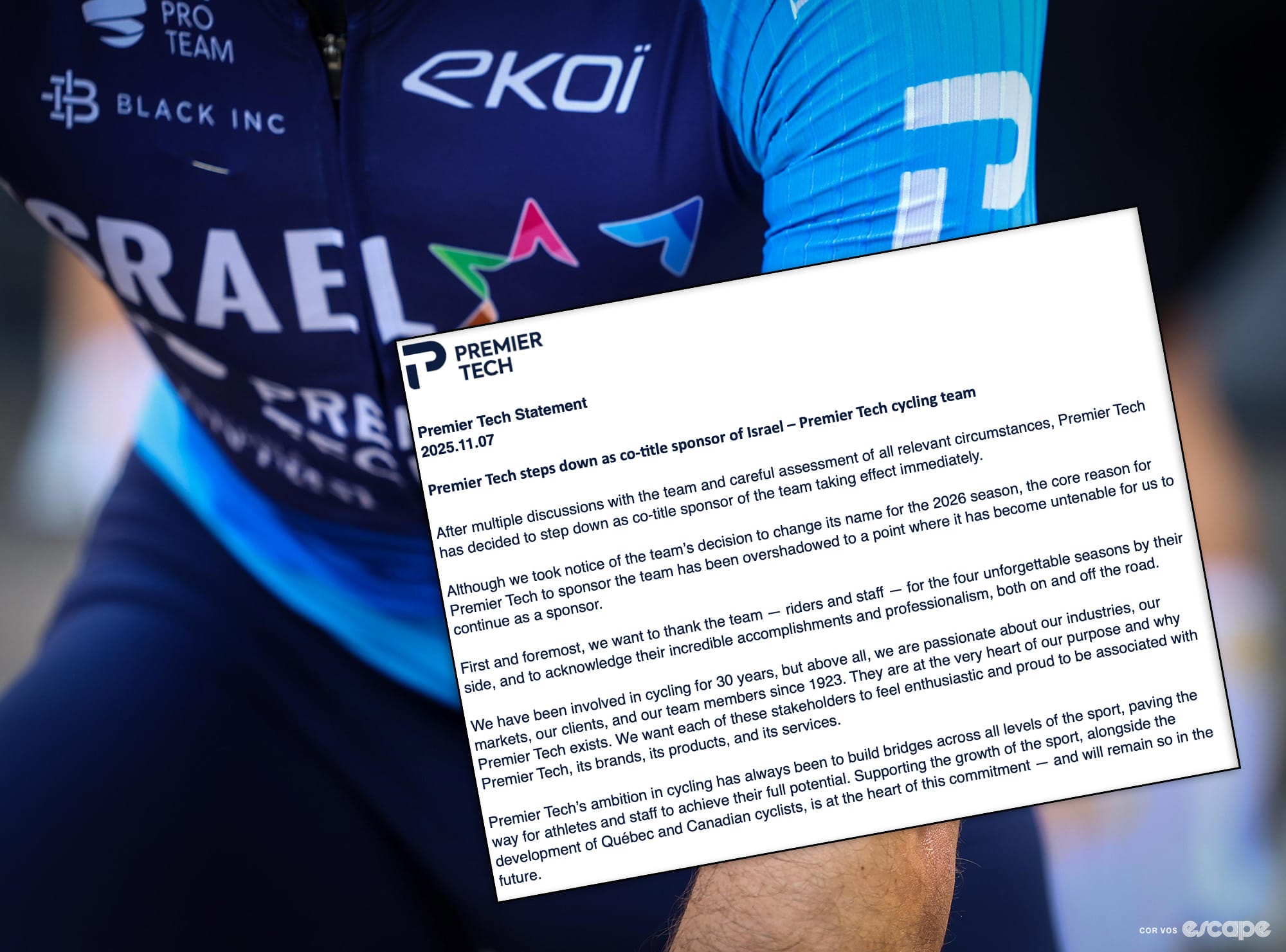 Premier Tech drops sponsorship of Israel-Premier Tech team