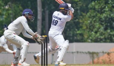 Karnataka's Karun Nair plays a shot against Kerala on Day 1 of a Ranji Trophy match at Mangalapuram in Thiruvananthapuram on November 1, 2025. Photo: KCA