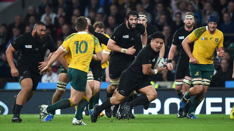 Keven Mealamu carries the ball against the Wallabies in the 2015 World Cup final at Twickenham.