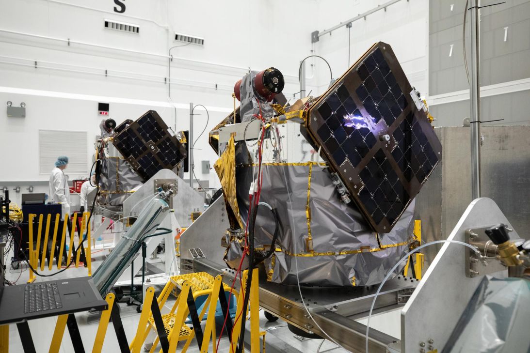 Workers inspect and process NASA’s Escapade twin spacecraft at the Astrotech Space Operations Facility near the agency’s Kennedy Space Center in Florida in August 2024.