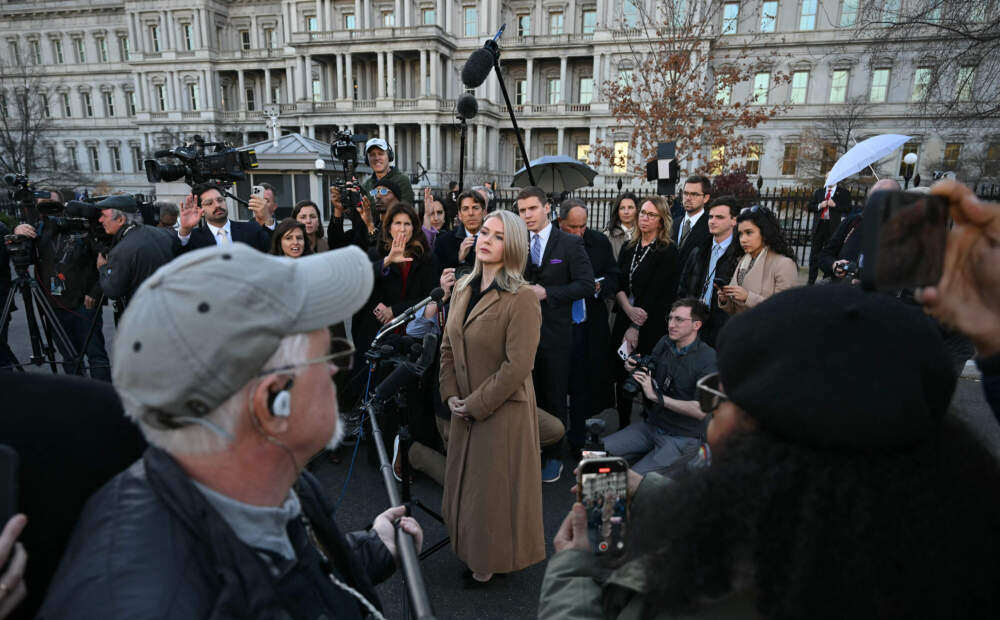 White House Press Secretary Karoline Leavitt speaks to journalists outside the West Wing of the White House in Washington, DC, on Nov. 24. (Andrew Caballero-Reynolds/AFP via Getty Images)