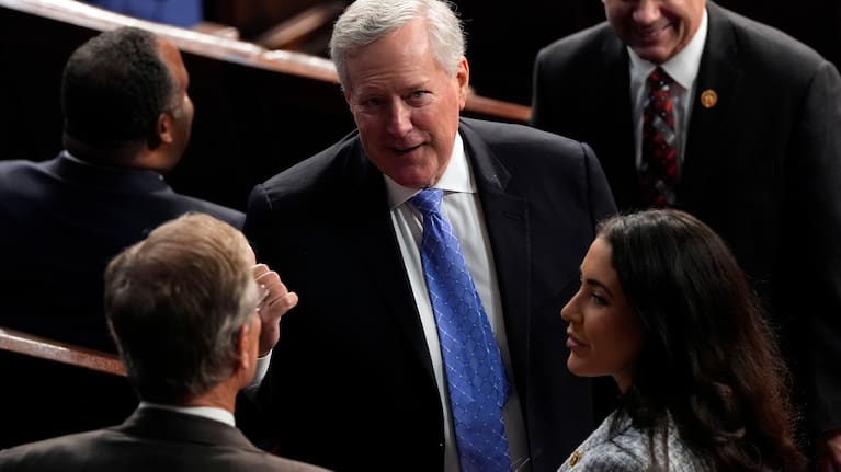 Mark Meadows talks on the floor before Israeli Prime Minister Benjamin Netanyahu speaks to a joint meeting of Congress at the Capitol in Washington.