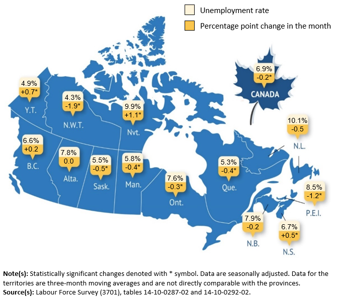 Thumbnail for map 1: Unemployment rate by province and territory, October 2025