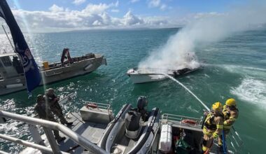 Pleasure launch destroyed by fire on Hauraki Gulf, two rescued
