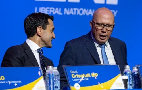 State opposition leader David Crisafulli (left) and Peter Dutton at the Queensland LNP’s annual convention in Brisbane on July 6.
