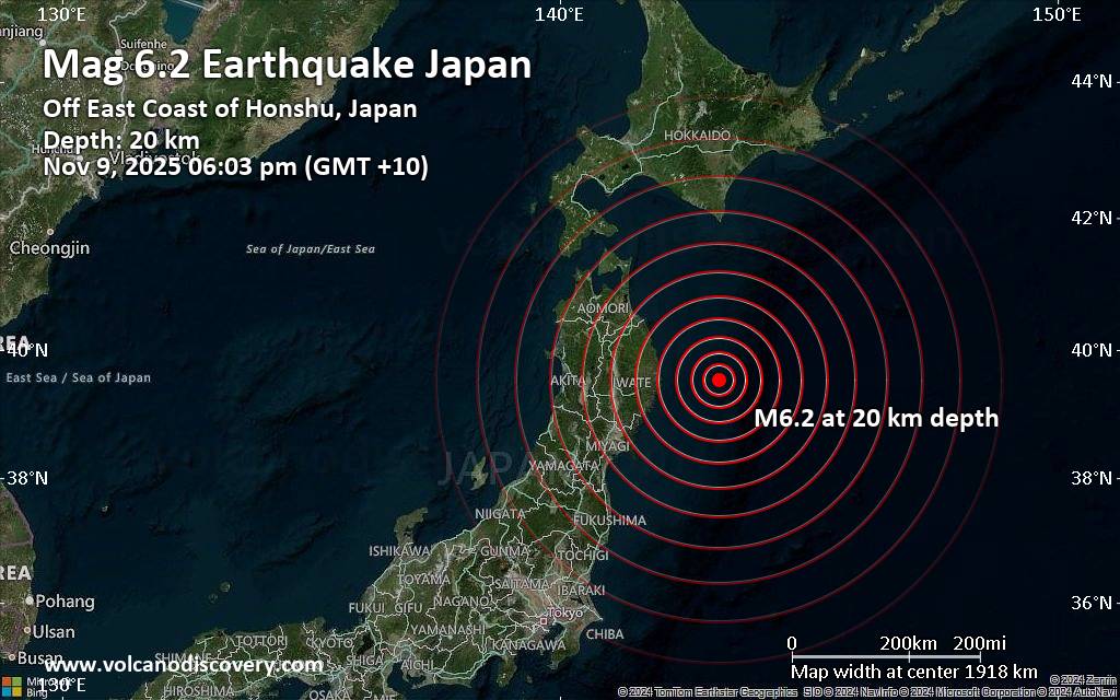 Very strong mag. 6.8 earthquake - 126 km E of Yamada, Japan, on Sunday, Nov 9, 2025, at 06:03 pm (GMT +10) - - Volcano Discovery