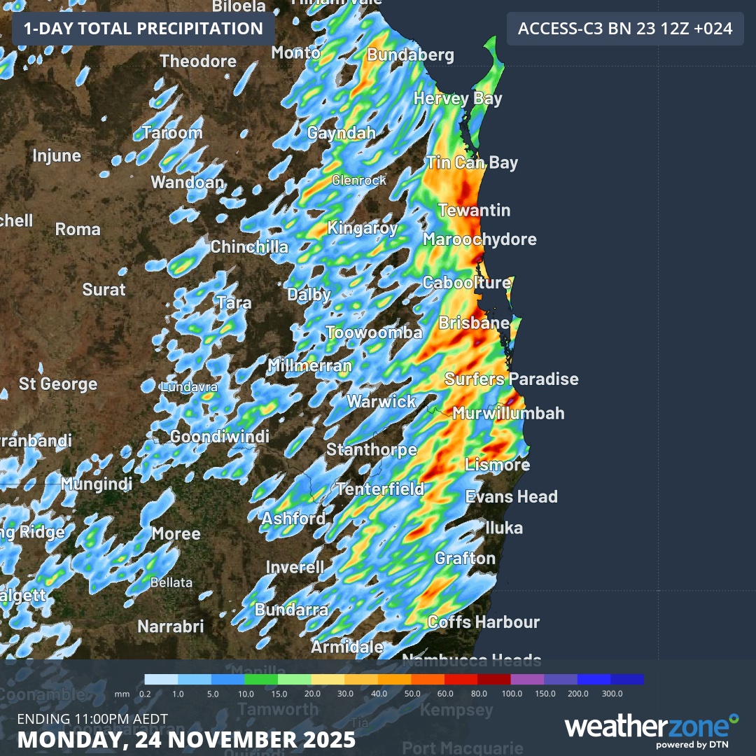 Forecast accumulated rain on Monday, showing the general region where thunderstorms are expected to occur according to the ACCESS-C model. Source: Weatherzone.
