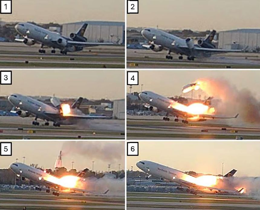 Still images from an airport surveillance video showing the left engine and left pylon separation from the left wing.