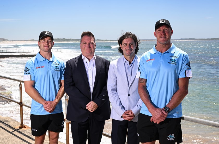 L-R: Sharks star Blayke Brailey, Ocean Protect CEO Michael Wicks, Ocean Protect Director & General Manager Harout Tcherkezian, NRL head coach Craig Fitzgibbon.