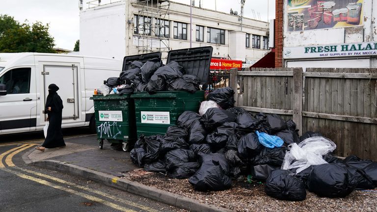Uncollected refuse bags in the Aston area of Birmingham. Pic: PA