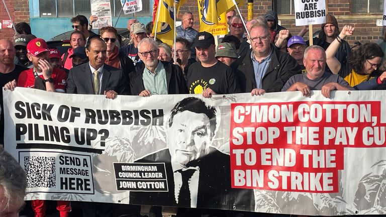 Former Labour leader Jeremy Corbyn (centre left) on the picket line in Tyseley, Birmingham, to support striking bin workers. Pic: PA