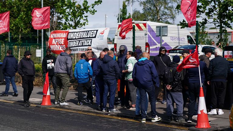 Striking refuse workers outside Perry Barr depot in Birmingham. Pic: PA