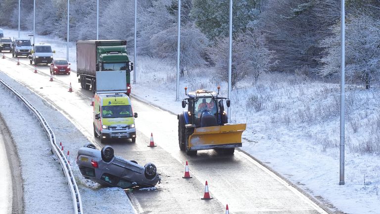 A car overturns on the A19 near Sunderland. Pic: PA